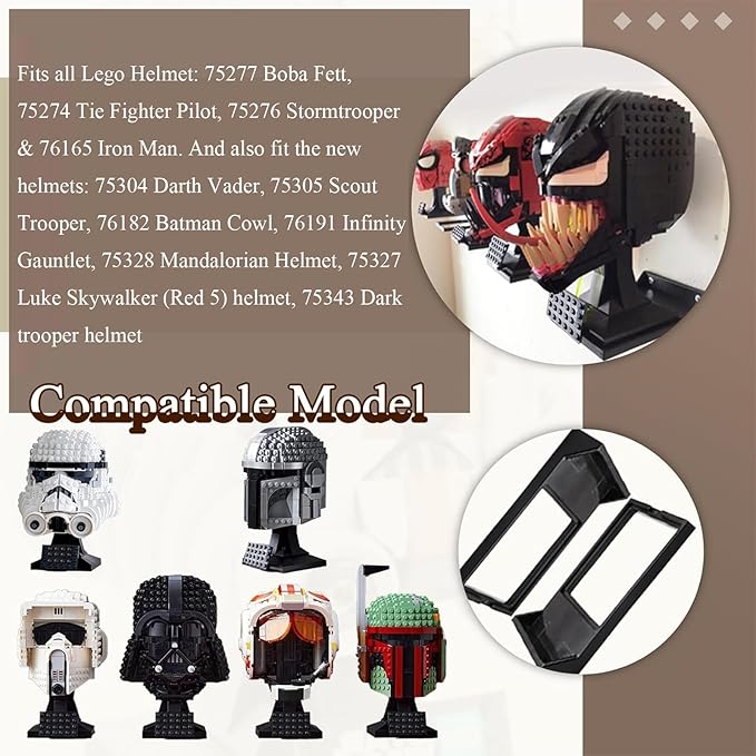 16 Pcs Black Wall Mount Display Stand Fits Lego Helmet, Wall Mount Display Shelf, Compatible with All Standard Lego Helmets, Boba Fett 75277/Tie Fighter Pilot 75274/Stormtrooper 75276