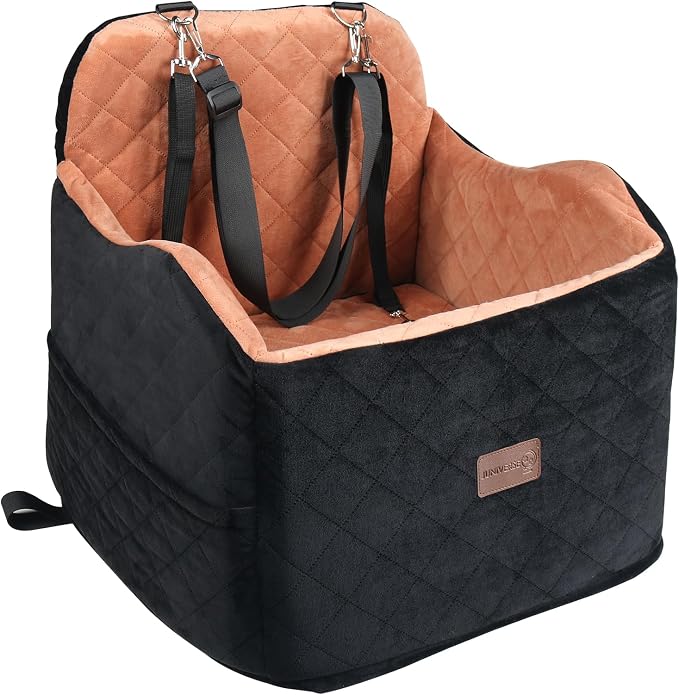 Juniverse Dog Booster Car Seat for Small to Medium Dogs Up to 30 lbs, Memory Foam, Washable Velvet Fabric Cover, Safety Leash, Storage Pockets, 19x19x19 Inches (Black/Tan)