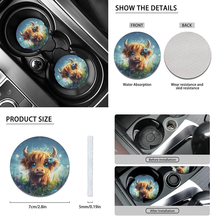 Wanyint Cute Highland Cow 11 Pack Car Seat Cover Set with Steering Wheel, Shift Knob, Handbrake, Coasters & Headrest Covers - Universal Fit