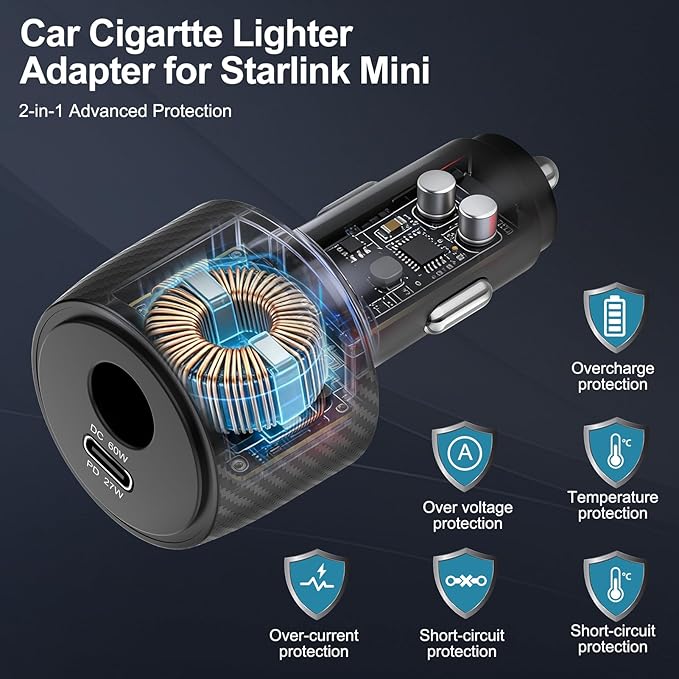 Starlink Mini Car Adapter with 3M Power Cable,2 in 1 Cigarette Lighter Adapter,Starlink Mini Step Up Booster[12-24V Input,36V/1.67A Output] Compatible with Car, RV,Truck,Boat