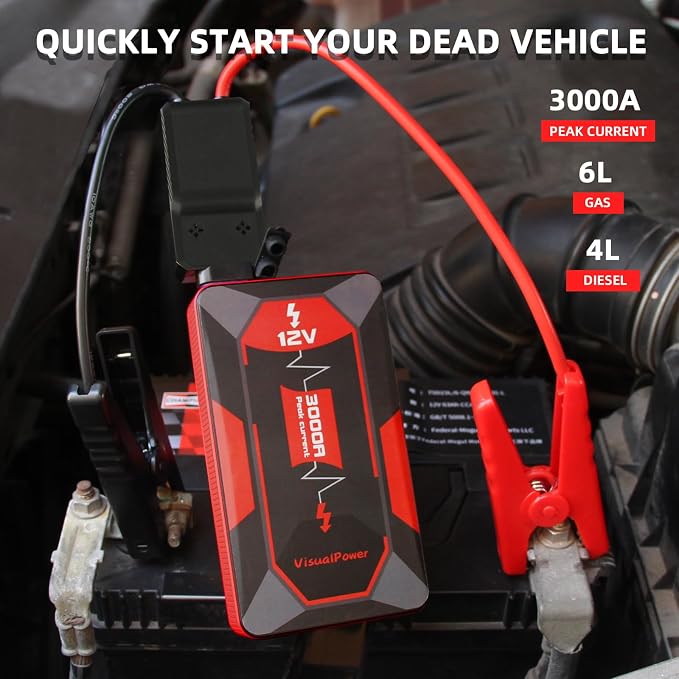 3000A Portable Car Jump Starter, 12V Battery Booster for 6.0L Gas/4.0L Diesel, 9 Safety Protections, Power Bank, 3-Mode LED Flashlight & Hard Case