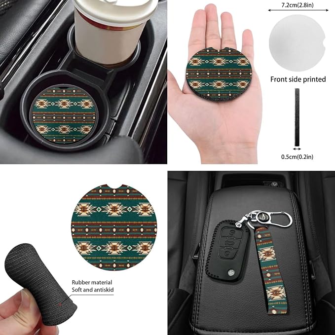Green Southwest Tribal Geometry Seat Covers for Car 14 Pcs,Aztec Car Steering Wheel Cover+Cup Holder Pad+Keychain+Gear Shift Knob Handbreak Cover+Auto Interior Mirror Covers Universal Fit