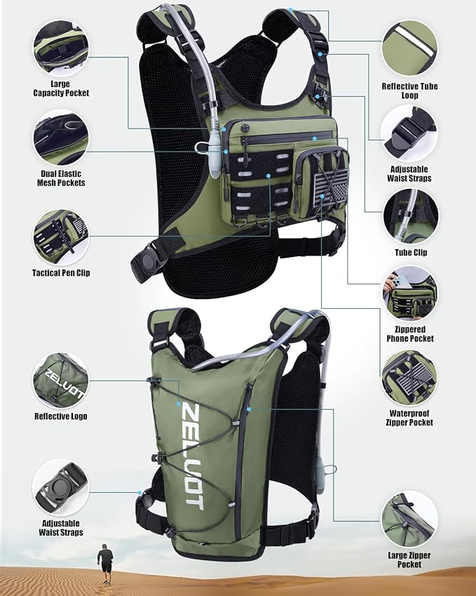 Zelvot Running Vest with 2L Water Bladder, Hydration Backpack, U.S. Design Patent, Lightweight Hydration Pack with Gear Holder, Reflective Chest Pack for Men Women