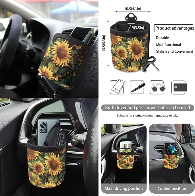 Sunflower Print Car Interior Covers Full Set of 15, High Back Bucket Seat Cover for Cars with Steering Wheel Cover Seatbelt Pads Trash Bag and Car Air Vent Organizer, Auto Decor
