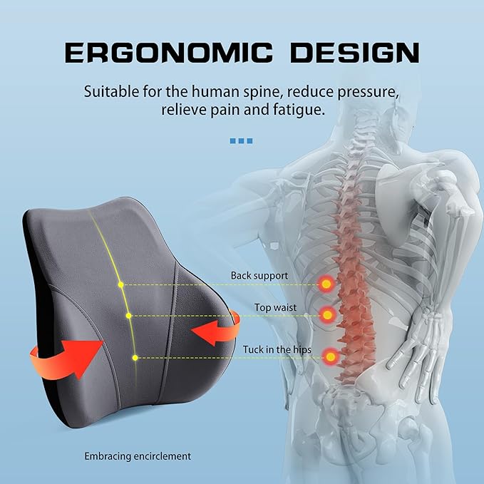 Car Seat Lumber Support Pillow&Neck Pillow Kit,Ergonomic Memery Foam Neck Pillow and Back Cushion for Back Pain Relief,Comfort for Car,Office