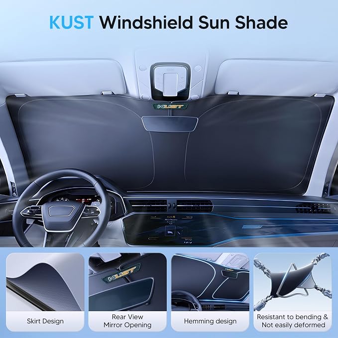 KUST Windshield Sun Shade for 2018-2024 2025 2026 Jeep Wrangler JL & 2/4 Door 4XE &2020-2026 Jeep Gladiator JT Front Window Accessories Sun Shade Sun Protector Foldable Block Sun UV Rays