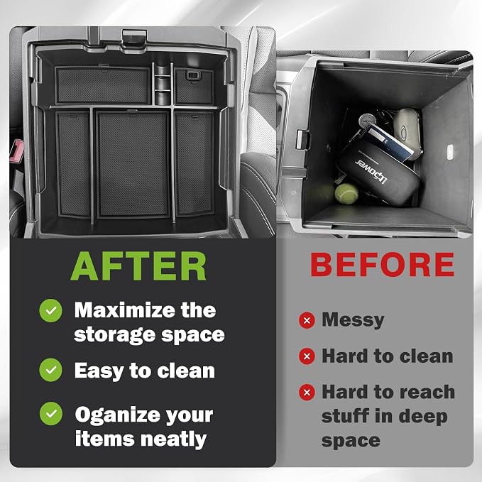 Muslogy Center Console Organizer(Fit With OEM Tray) (Black)& Extra Thick Armrest Cover (Bucket Seat Only) Compatible with Ford F250 2023-2024