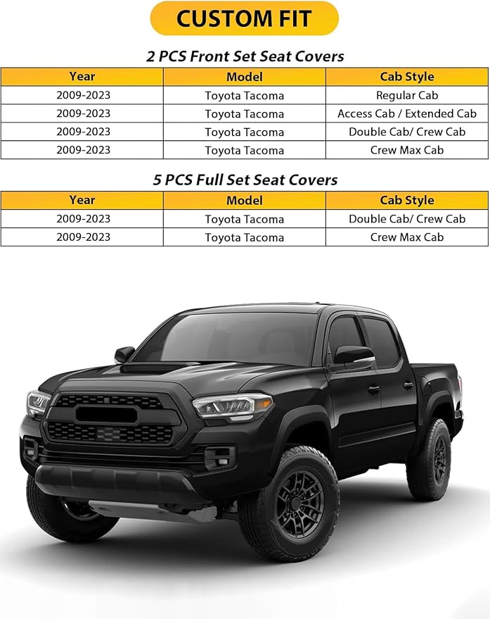 Octomo Custom Leather Seat Cover Full Set Compatible with Toyota Tacoma 2009 to 2024 TRD Sport Off Road TRD Pro Limited SR SR5 Package Access Double Extended Cab Pickup Truck (5 Pcs, Black)