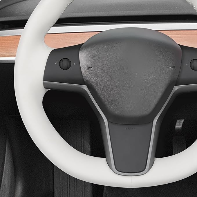 MEWANT Stitching White Faux Leather Steering Wheel Cover for Tesla Model Y Model 3 DIY Steering Wheel Wrap Accessory