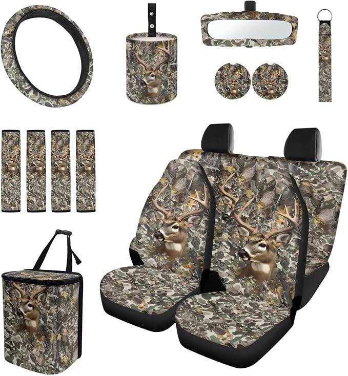 15 Pcs Camo Hunting Deer Car Seat Cover Full Set for Women Men with Car Steering Wheel Cover Seat Belt Cover Trash Bin Front Rear View Mirror Car Cup Holder Keychain