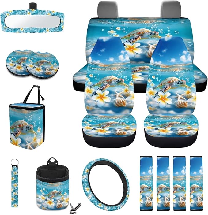 Sea Plumeria Starfish Shell Pattern Auto Accessories Set of 15, Car Seat Covers Steering Wheel Cover Seat Belt Cover Air Vent Storage Bag Keychain Trash Bin and Mirror Cover
