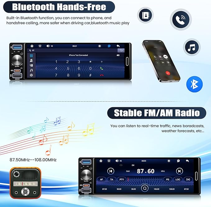 Single Din Touchscreen Car Stereo with Wireless Carplay&Android Auto,6.5 Inch Car Radio MP5 Player with Bluetooth FM Radio EQ Car Audio with USB/Type-C SWC+Backup Camera