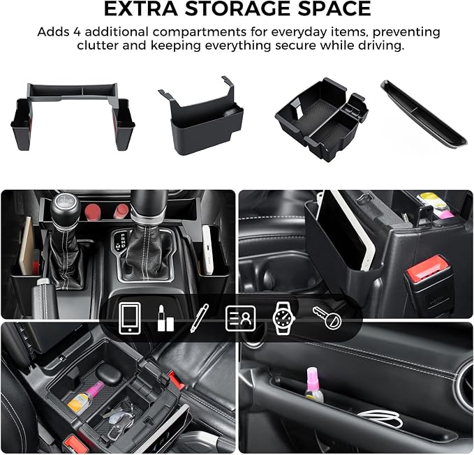 DIAMOOKY 4PCS Upgraded Center Console Organizer for Jeep Wrangler JL JLU 4xe 2018-2026 & Gladiator JT 2020-2024 2025 2026 Accessories Gear Shift Side Tray Hanging Armrest Storage Box (Not for JK/JKU)