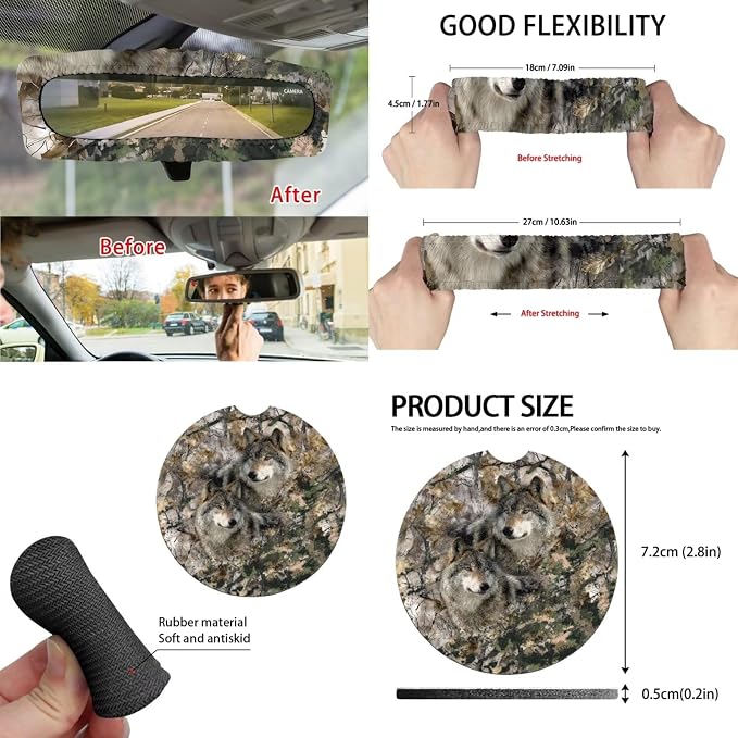 15Pcs Camo Hunting Wolf Car Seat Cover Full Set for Women Men with Car Steering Wheel Cover Seat Belt Cover Trash Bin Front Rear View Mirror Car Cup Holder Keychain