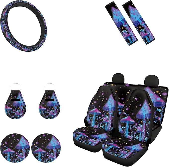 JEOCODY Blue Mushroom Car Seat Covers Women Full Set with Stretchy Steering Wheel Cover+ Seat Belt Cover+ Cup Holder Coasters+ Keychain Auto Accessories Set Universal Fit