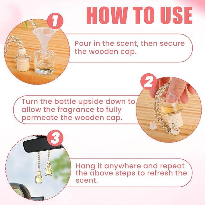 240 Pcs Car Diffuser Bottle Set with Wooden Caps,Dropper and Funnel, Empty Glass Car Air Freshener Bottle Bulk Hanging Essential Oil Fragrance Pendants for Car Decor，Can DIY Car Air Freshners Diffuser