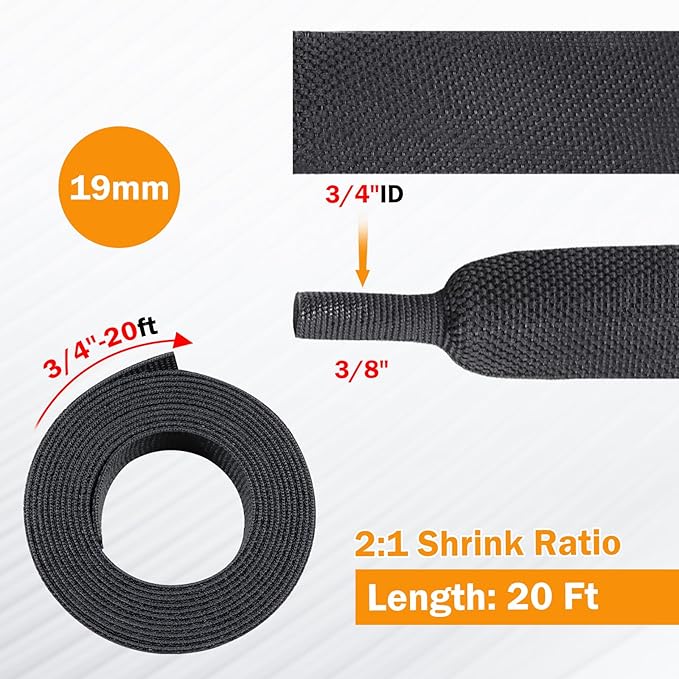2:1 Ratio Flat Heat Shrinkable Braided Sleeving,Electrical Insulating Tubing,Durable Automotive Fabric Harness Shrinking Sheath (3/4"-20ft)