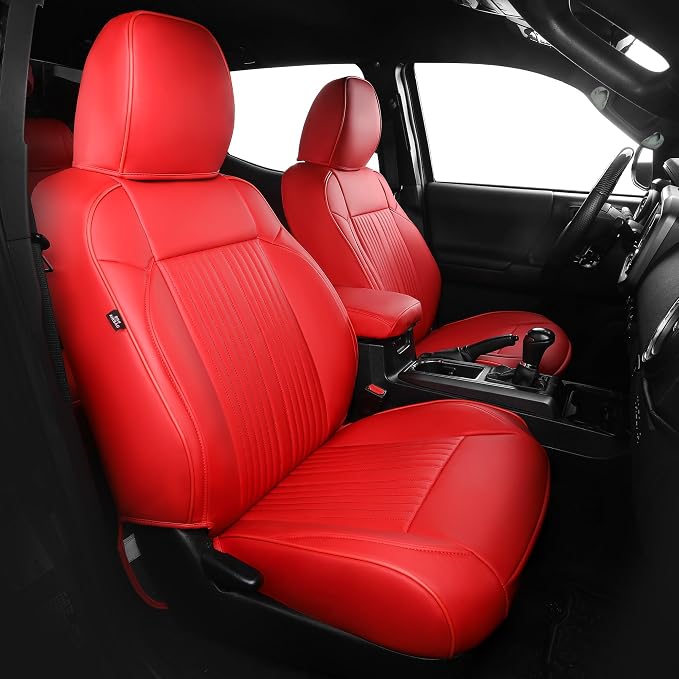 FREESOO Leather Car Seat Covers Fit for Toyota Tacoma 2016-2023 Full Coverage Seat Cover for Double/Crew Cab SR/SR5/Limited/TRD Pro/TRD Sport, Pickup Truck Seat Covers (5 Seats, Red)