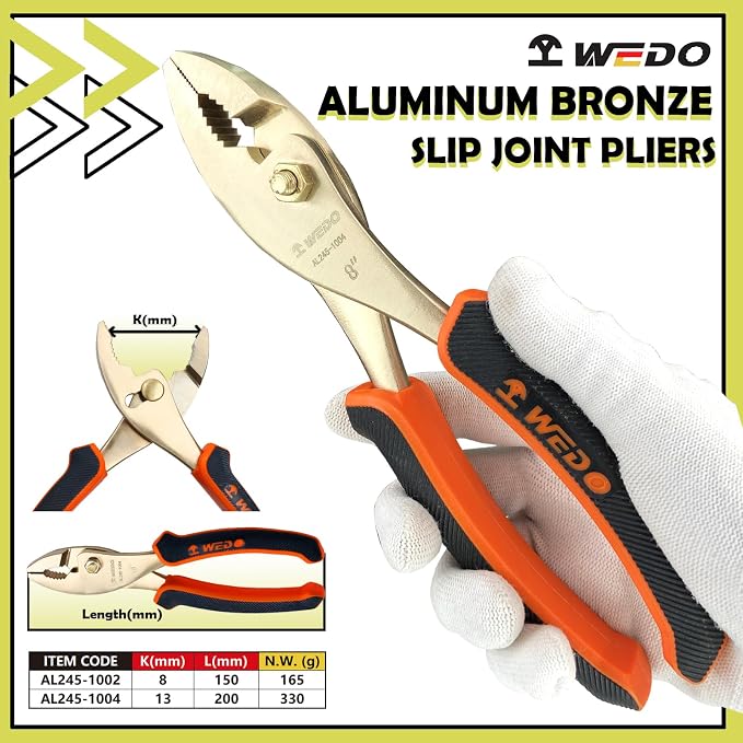 WEDO Non-Sparking Slip Joint Pliers 8", Spark-free Safety Wire Cutter Pliers, DIN Standard, BAM & FM Certificate, Opening Max 13mm, Aluminum Bronze