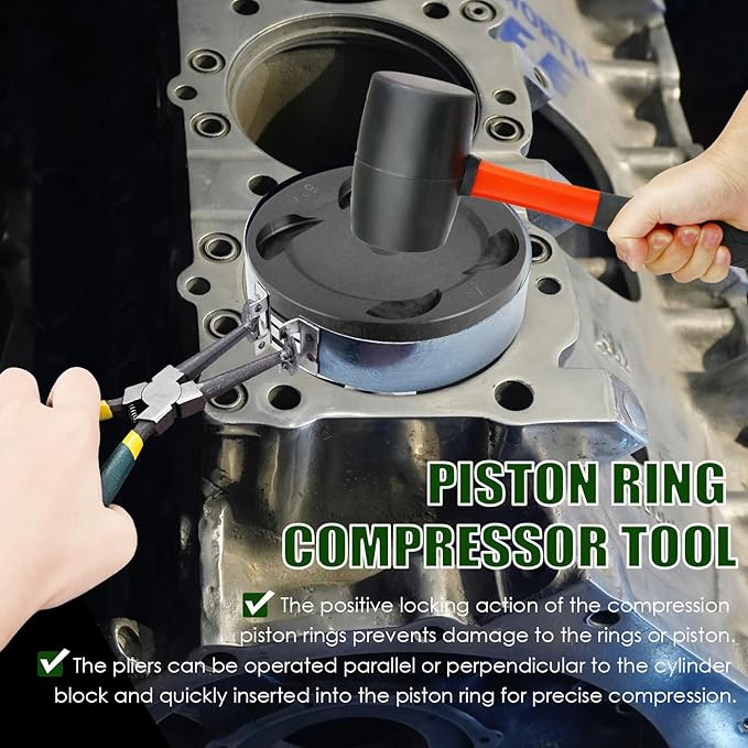 Auto Engine Piston Ring Compressor Tool Set with Piston Installer Pliers and 14 Piston Rings(62-145mm) for Car Truck Auto Engine