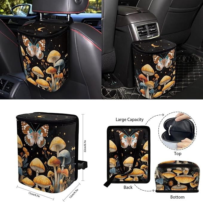 Butterfly Moon Mushroom Car Seat Covers Set of 15 with Universal Steering Wheel Cover, Rearview Mirror Cover, Car Trash Can, Seatbelt Pads, Cup Holder Coasters, Keychains