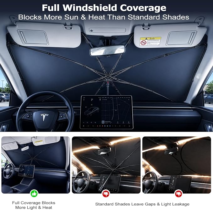 2026 Upgraded DooGooCoo Windshield Sun Shade Umbrella for Car, Reinforced Frame, UV Block Heat Shield, Keeps Interior Cooler, Foldable Front Windshield Cover, Small (52"x31")