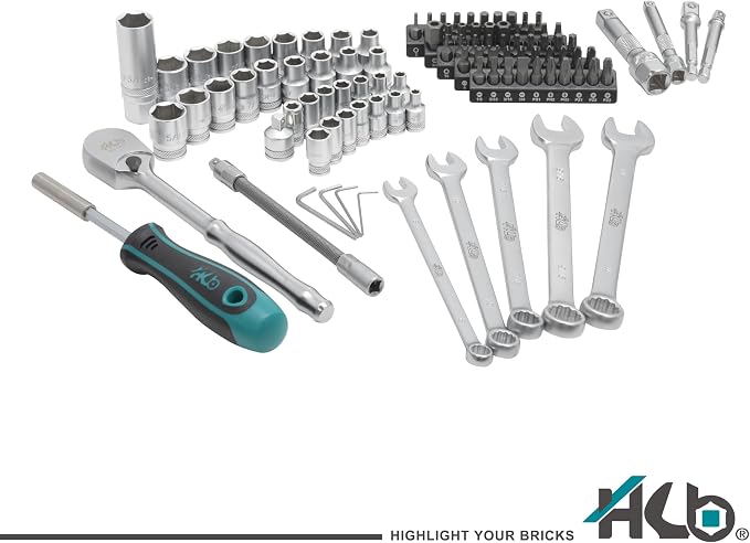 HB 99-Piece Socket Set AKM037-U, 90-Tooth Ratchet 3/8" Drive, Metric SAE 1/4" Sockets, Phillips Pozi Slotted Hex Star Square Tri-Wing Torq Bits, Extendable Compact Case, Made in Taiwan