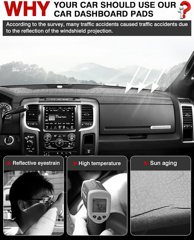 Autorder Dashboard Cover Mat for 2009 2010-2018 Dodge Ram 1500 2500 3500 Accessories Dash Cover Flannel Dash Mat Sunshade Glare UV Rays Protector (Without Hud)