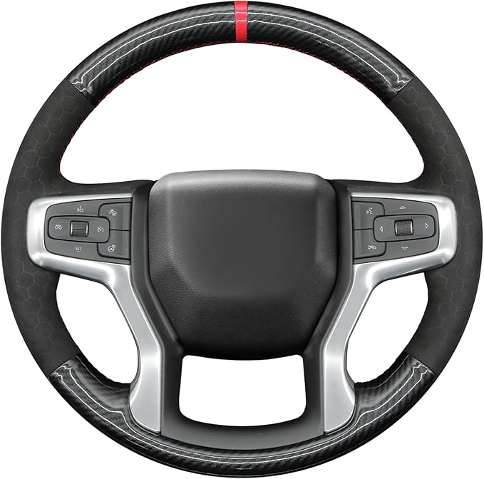 MEWANT DIY Black Shiny PU Carbon Fiber Embossed Suede Steering Wheel Wrap for Chevy Silverado Blazer 1500 Silverado 2500
