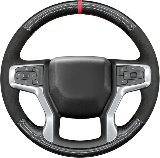 MEWANT DIY Black Shiny PU Carbon Fiber Embossed Suede Steering Wheel Wrap for Chevy Silverado Blazer 1500 Silverado 2500