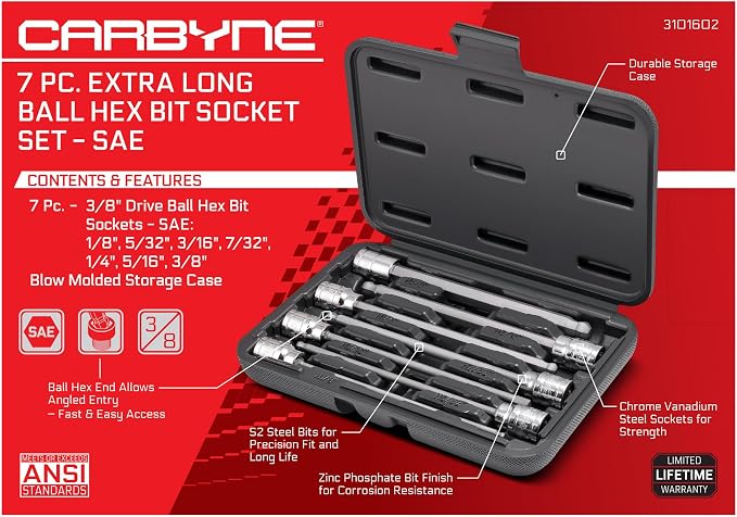 CARBYNE 7-Piece Extra Long Ball End Hex (Allen) Bit Socket Set, SAE 1/8 in. to 3/8 in., 3/8 in. Drive, S2 Steel, CrV Sockets, Zinc Phosphate Bit Finish, 6.1 in. Length, Durable Case