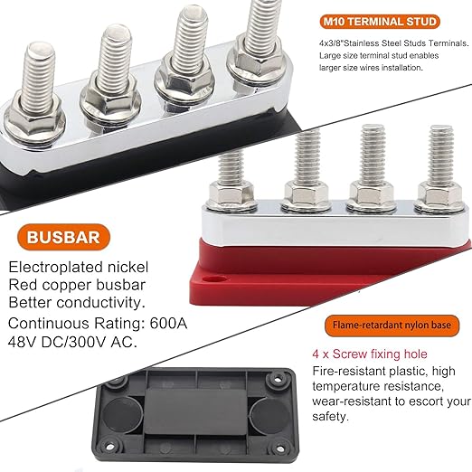 Bus Bar Copper 12V-48V DC 600A High Current Busbar Distribution Blocks with 4X 3/8" Posts Electrical Terminals, Heavy Duty Positive& Negative Ground Battery Buss Bars, Red&Black 2 Pack