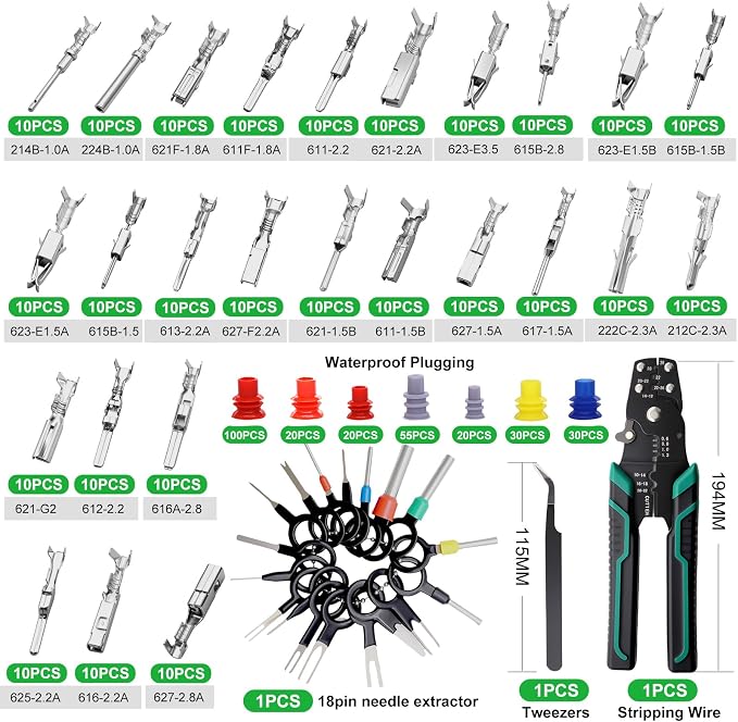 Twidec/535Pcs Car Electrical Wire Terminal Pins Connector Kit 1/1.5/1.8/2.2/2.8/3.5mm 26Type Male&Female Connectors Pin Terminal Auto Non-Insulated Plug Removal Crimp Pins with Wire Crimper Tool
