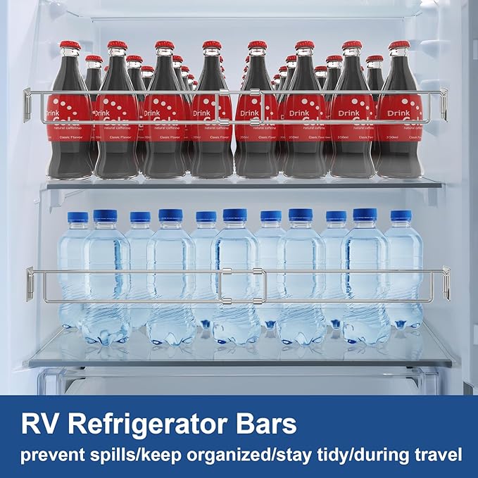 Adevar RV Refrigerator Bars, 4 Pack RV Refrigerator Tension Rods 12.2-22.24 Inch Adjustable Stainless Steel Fridge Accessories Prevent Spills for Camper Travel Kitchen Medicine Cabinets Bookshelf