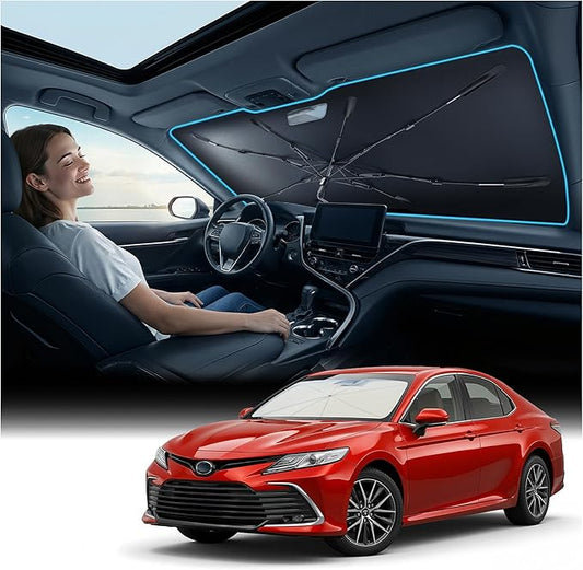 [2026 Upgraded] Nmoiss Windshield Sun Shade Umbrella for Toyota Corolla & Camry - [Vinyl Coating Heat Shield] Protect Car from Sun Rays & Heat Damage Block 99% UV Keep Cool and Protect Interior