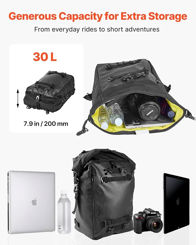VEVOR Motorcycle Tail Bag, 30L Motorcycle Rear Seat Bag with Waterproof Rain Cover, Outdoor Sports Motorbike Luggage Storage Trunk Rack Backpack with Shoulder Straps, Universal Fit Rear Racks, Black