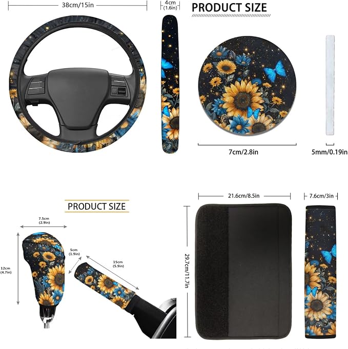 Tupalatus Sunflower Butterfly 9 Pcs Car Seat Covers Front Seats Steering Wheel Cover Auto Seat Belt Cover Gear Shift Cover Hand Brake Cover Coasters for Cup Holders Universal Fit Car Accessories