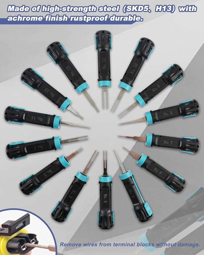 14PCS Universal Terminal Removal Tool Kit, Pin Connector Release | Electrical Connector Extractor Tool Set with Non-Slip Handles for Replaces Universal Vehicle Wire Harness.for Automotiv