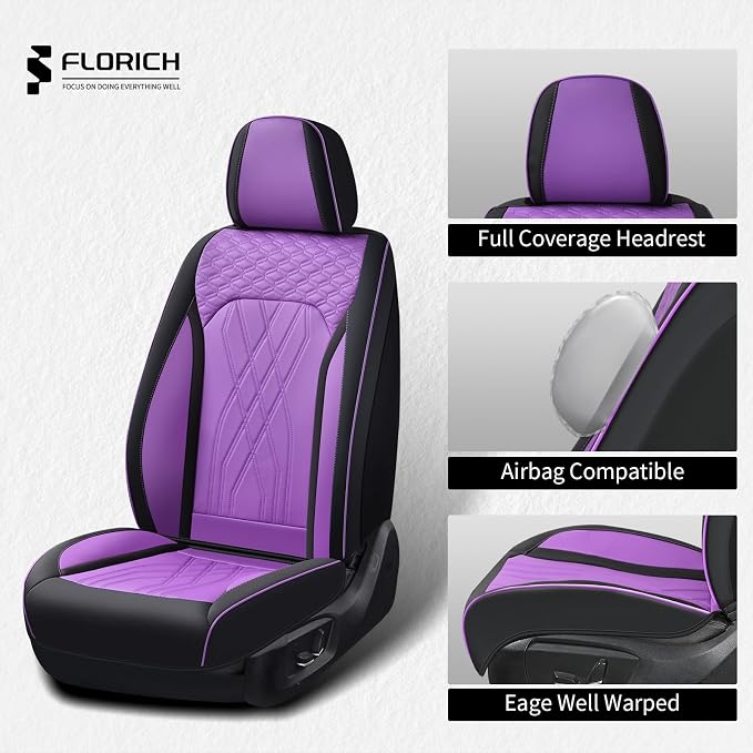 FLORICH Seat Covers Full Set Leather Automotive Seat Cover Full Coverage Vehicle Car Seat Covers Waterproof Purple Seat Cover Protector Universal Fit for Most Car Truck SUV, Black&Purple