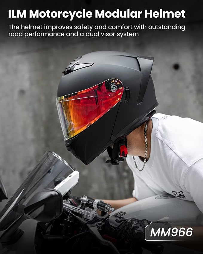 ILM Modular Motorcycle Helmet for Adults Full Face Flip up Riding with Dual Visor Street Bike Racing DOT Model MM966 (Matte Black Red, L)