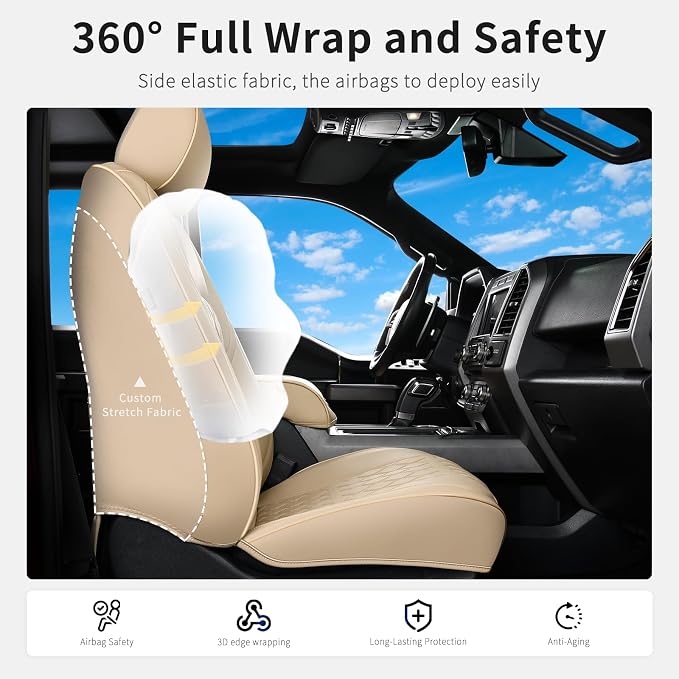 Huidasource F250 Front Seat Covers, 360° Full Coverage Leather Car Seat Protector Fit for Ford F150 2015-2026&F250 F350 F450 2017-2026 All Cab XL XLT Lariat King Ranch Platinum (Front Pair/Beige)