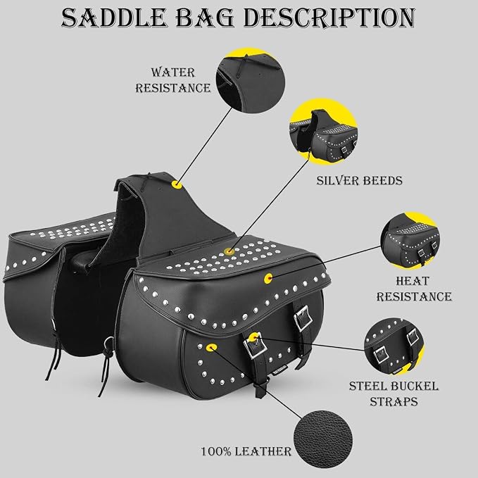 Motorcycle Saddle Bag, Waterproof Leather with Side Pockets Rear Seat Bag Gear Storage Luggage for Touring Motorbike (SB-5050 Black)