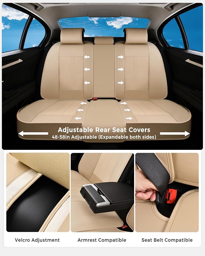 Huidasource Beige Seat Covers, Luxury Faux Leather Car Seat Cover, Velcro Adjustable, with Airbags, Seat Belts, Thinning Design Perforation Cooling＆Heating Fit for Most Cars, Vans, Trucks, SUVs, Beige