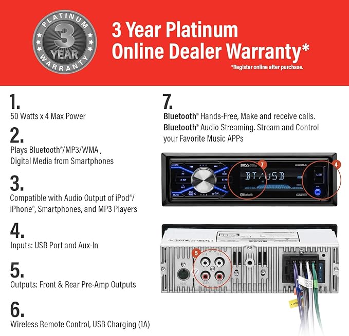 BOSS Audio Systems 632UAB Car Stereo - Single Din, Bluetooth, No CD DVD Player, AM/FM Radio Receiver, Wireless Remote Control, Aux in, USB