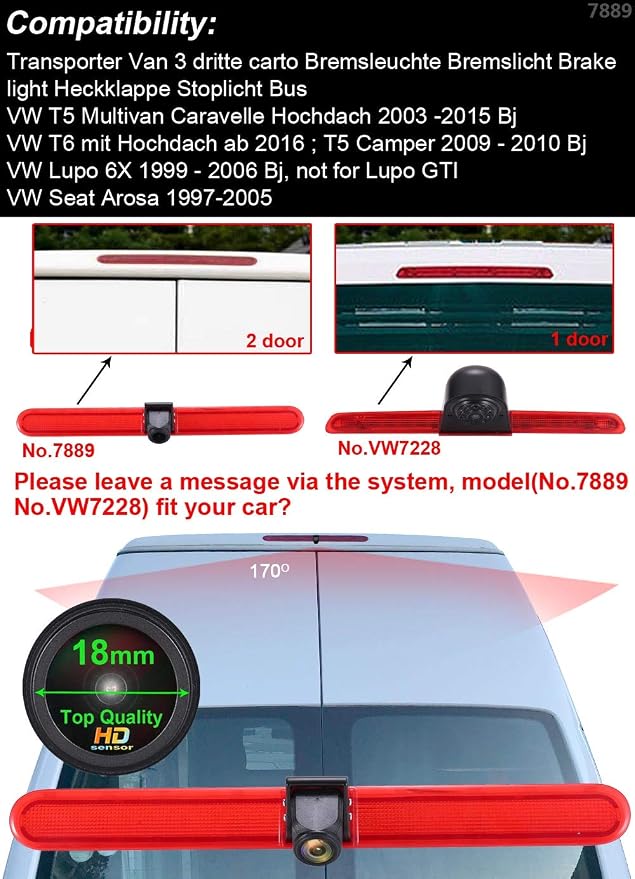HD 1280x720 Pixels 1000 TV Lines 3rd Brake Light Reversing Camera Brake lamp Parking Camera for VW T5 Multivan Caravelle Hochdach T6 MIT Hochdach ab T5 Camper Lupo 6X Seat Arosa+4.3" Reverse Monitor