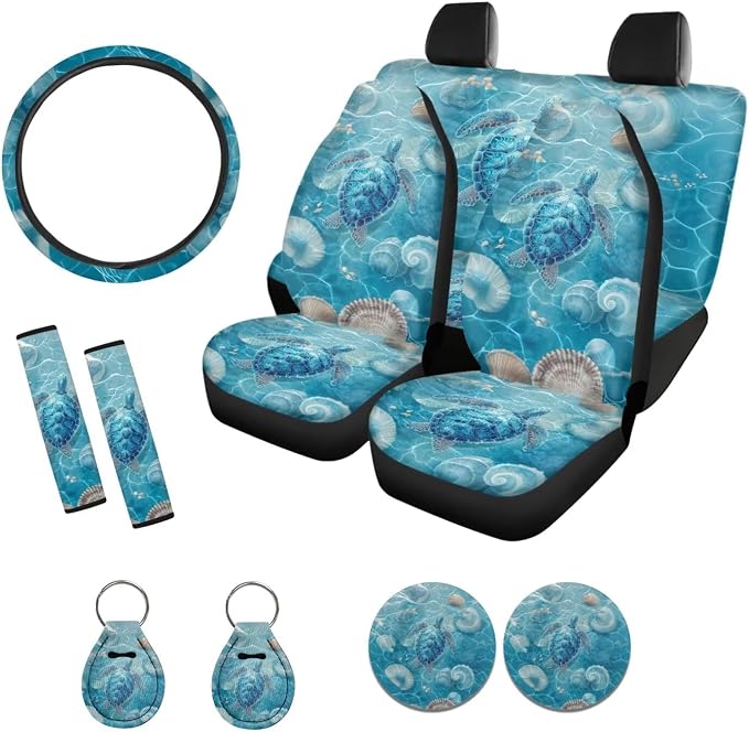 Suobstales Turtle Conch Seashell Print Car Seat Covers 11 Pcs Car Accessories Interior Set Auto Front Rear Split Seats Protectors with Steering Wheel Cover, Seatbelt Pads, Cup Holder, Keychain