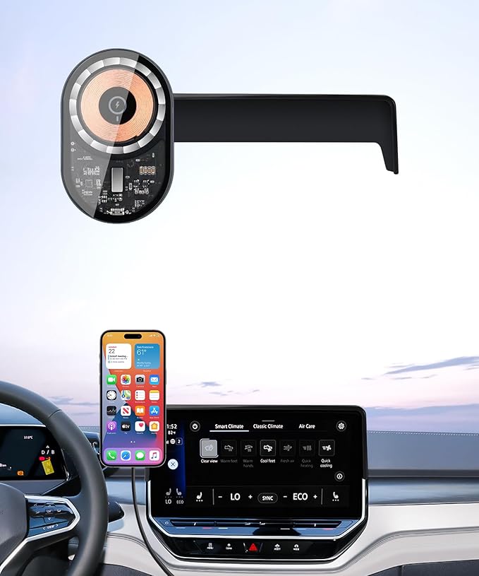Wireless Charging Car Phone Holder for Volkswagen ID.4 2021-2024, 12" Screen Fixed Clip, 360° Rotation Car Phone Mount Compatible with MagSafe