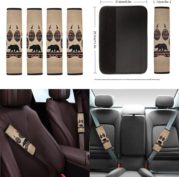 Animal Paw Print Car Seat Covers Set of 18 Aztec Bear Print Car Front Rear Seat Covers Headrest Protectors Steering Wheel Cover Safety Belt Pads for SUV Sedan, Easy to Install
