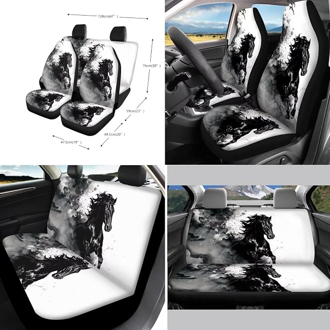 Suobstales Horse Marble Print Car Accessories Car Seat Covers Full Set Interior Cover Seat Protectors with Steering Wheel Cover, Seat Belt Pads, Coaster, Keychains