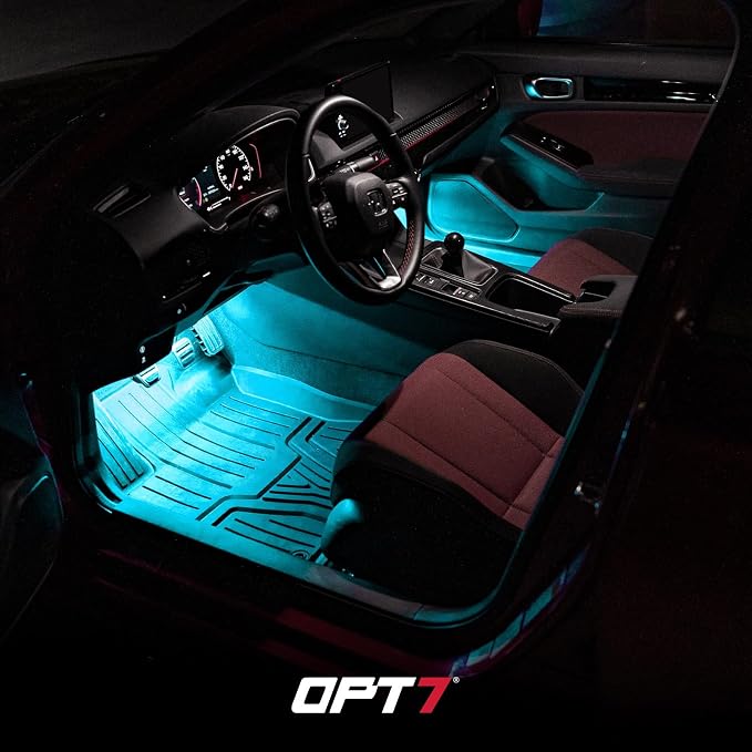 OPT7 Aura Double Row Car LED Lights Interior with Wireless Remote Control, Multicolor Mode, Sound Active Function Inside Ambient Lighting Kit, Footwell Floor Decor, Charger Adapter 12V, 4pc